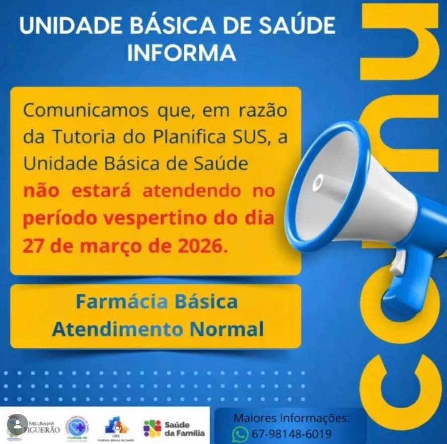 Imagem de compartilhamento para o artigo UBS de Figueirão suspende atendimentos à tarde no dia 27 de março da MS Todo dia